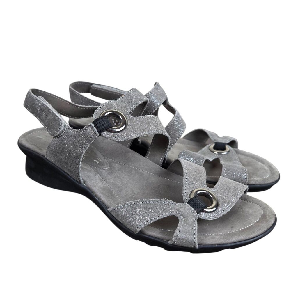 Mephisto Parfolia Sandals 38 US 8 Steel Facette Gray Shimmer Leather Comfort